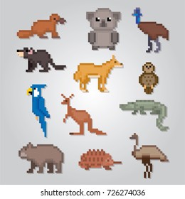 Australian animals icons set. Pixel art. Old school computer graphic style. Games elements.