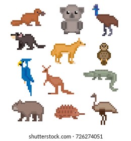 Australian animals icons set. Pixel art. Old school computer graphic style. Games elements.