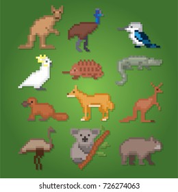 Australian animals icons set. Pixel art. Old school computer graphic style. Games elements.