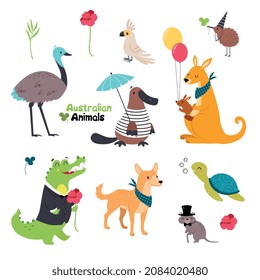 Australian Animals with Kangaroo Carrying Baby in Pouch and Crocodile in Jacket Holding Flower Vector Set