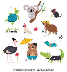 Australian Animals with Kangaroo Koala Bear on Tree and Wombat with Umbrella Vector Set