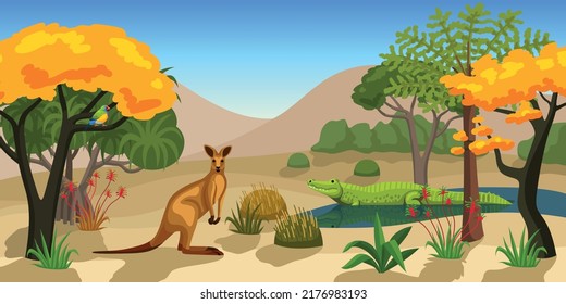 Antecedentes de animales australianos con cocodrilo canguro amadina árboles exóticos y plantas ilustración vectorial plana