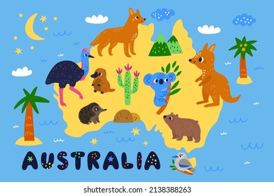Australian animals map. Exotic cute fauna. Funny platypus and koala. Kids mammal characters. Kangaroo or echidna. Tasmanian devil. Habitat of kookaburra, ostrich and