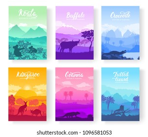 Australian animals in the natural habitat on brochure. Colorful flyers with Wildlife in nature. Template of magazines, poster, book cover, banners. Landscape invitation concept 