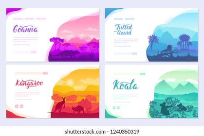 Australian animals in the natural habitat on brochure. Colorful flyers with Wildlife in nature. Template of flyear, web banner, ui header, enter site invitation concept. Layout modern slider 