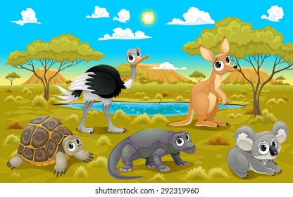 Australian Animals In A Natural Landscape. Funny Cartoon And Vector Illustration.