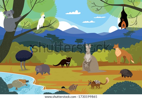 Australian animals in natural landscape, wildlife\
cartoon characters, vector illustration. Ostrich, echidna and\
platypus. Cute wild animals of Australia, kangaroo, koala, wombat\
and tasmanian devil