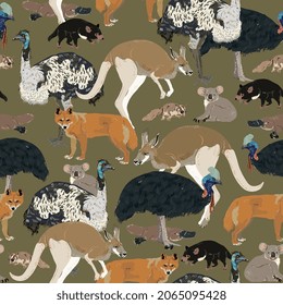  Australian animals on army green, khaki color background. Seamless vector pattern. Surface design for fabric, wallpaper, wrapping paper, invitation card, scrapbooking.