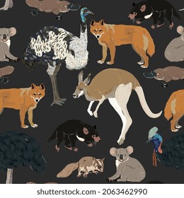  Australian animals on dark, black background. Seamless vector pattern. Surface design for fabric, wallpaper, wrapping paper, invitation card, scrapbooking.