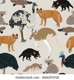  Animales australianos de color beige claro, crema pálida y fondo de marfil. Patrón vectorial sin cable. Diseño de superficie para tela, papel pintado, papel envolvente, tarjeta de invitación, scrapbooking.