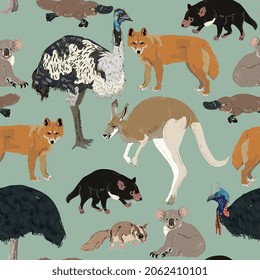  Australian animals on sage green background. Seamless vector pattern. Surface design for fabric, wallpaper, wrapping paper, invitation card, scrapbooking.