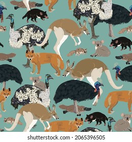 Animales australianos de color verde sabio. Patrón vectorial sin cable. Diseño de superficie para tela, papel pintado, papel envolvente, tarjeta de invitación, scrapbooking.