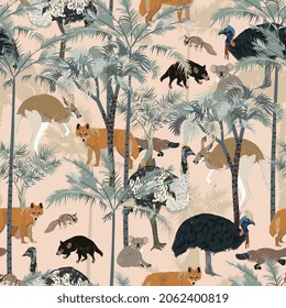  Australian animals and palms on light pink, pale beige, cream background. Seamless vector pattern. Surface design for fabric, wallpaper, wrapping paper, invitation card, scrapbooking.