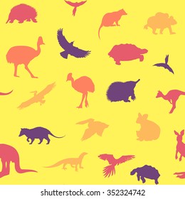 Australian animals pattern. Vector colored yellow background.