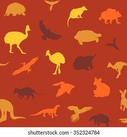 Australian animals pattern. Vector colored orange background.