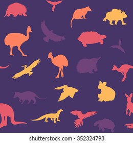 Australian animals pattern. Vector colored purple background.