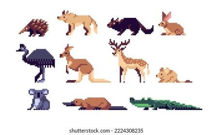 Australian Animals pixel art set. Exotic wildlife collection. 8 bit sprite. Game development, mobile app.  Isolated vector illustration.