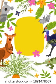 Australian animals and plants. Frame for cards. Hand drawn vector background. Australian flora and fauna. Funny characters for kids. Baby pattern.