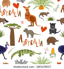 Animales y plantas australianas. Patrón vectorial sin cable. Antecedentes dibujados a mano. Flora y fauna australianas. Personajes pequeños. Ilustración del bebé.