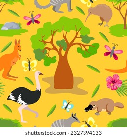 Australian animals seamless pattern. Colored seamless background, australian animals, birds and plants. Kangaroo, ostrich, platypus. For fabric, carpet, wallpaper. Tropical nature, vector background