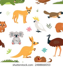 Australian animals seamless pattern. Funny animal exotic fauna. Cute cartoon childish wild characters. Fabric wallpaper wrapping classy vector print design