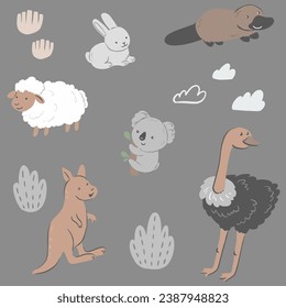 Australian animals, seamless pattern with vector hand drawn illustrations