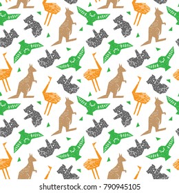Australian animals seamless pattern. Vector silhouette of a kangaroo, koala, owl, ostrich