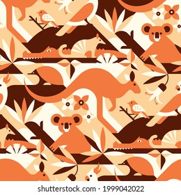 Australian animals seamless pattern with, kangaroo, koala, cockatoo parrot, crocodile, numbat, echidna. Perfect for fabric, textile, wallpaper. Geometric pattern.