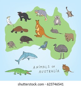 Australian animals set. Cartoon doodle zoo vector illustrations. 