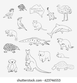 Australian animals set. Cartoon doodle zoo vector illustrations. 