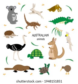 Australian animals set on white background. Zoology for children. kangaroo, cockatoo, emu, ostrich, platypus, kiwi, koala, hare, crocodile, moloch, echidna.