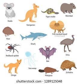 Australian animals set with titles. Wildlife of Australia. Koala, kangaroo, tiger snake, bat, wombat, kiwi, etc. Collection of different species of animals. Isolated vector illustration