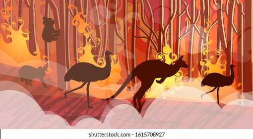 australian animals silhouettes running from forest fires in australia wildfire bushfire burning trees natural disaster concept intense orange flames horizontal vector illustration