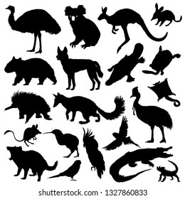 Australian animals silhouettes set. Vector illustration.