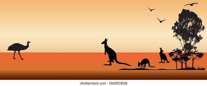 Australian Animals with trees and birds flying. Sunset setting with orange foreground and yellow background. Silhouette animals and trees