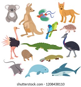 Australian animals vector animalistic character in wildlife Australia kangaroo koala and shark illustration set of cartoon wild wombat platypus and emu isolated on white background