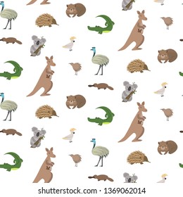 Australian animals vector background. Cute seamless pattern with: kangaroo, koala, kiwis, apteryx, echidna, wombat, emu, cockatoo, platypus, alligator.  Childish background