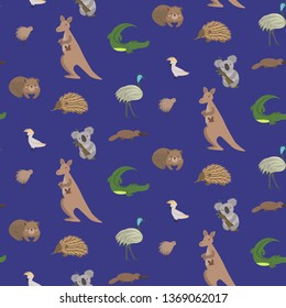 Australian animals vector background. Cute seamless pattern with: kangaroo, koala, kiwis, apteryx, echidna, wombat, emu, cockatoo, platypus, alligator.  Childish background