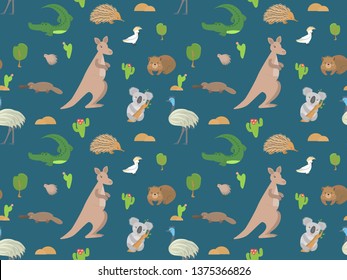 Australian animals vector background. Cute seamless pattern with: kangaroo, koala, kiwis, apteryx, echidna, wombat, emu, cockatoo, platypus, alligator.  Childish background