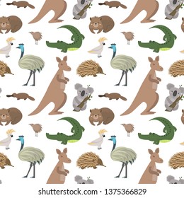 Australian animals vector background. Cute seamless pattern with: kangaroo, koala, kiwis, apteryx, echidna, wombat, emu, cockatoo, platypus, alligator.  Childish background