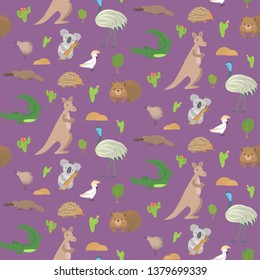 Australian animals vector background. Cute seamless pattern with: kangaroo, koala, kiwis, apteryx, echidna, wombat, emu, cockatoo, platypus, alligator.  Childish background