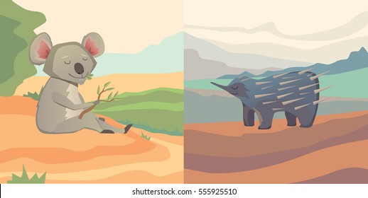 Australian animals vector cartoon koala and echidna isolated