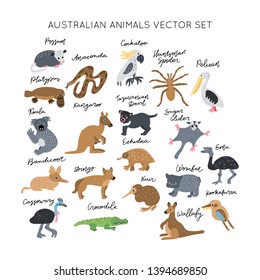 Australian Animals vector illustrations clipart bundle. Kids design posters set. 
Wild mammal drawing in scandinavian style. Handwritten lettering. Exotic wildlife. 