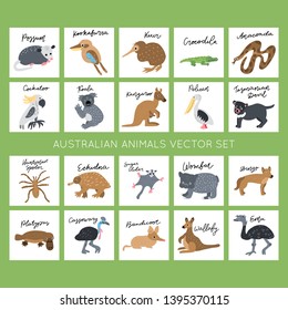 Australian Animals vector illustrations clipart bundle. Kids design posters set. 
Wild mammal drawing in scandinavian style. Handwritten lettering. Exotic wildlife. 