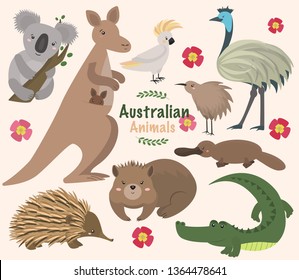 Australian Animals - Vector Set. Kangaroo, Koala, Kiwis, Apteryx, Echidna, Wombat, Emu, Cockatoo, Platypus, Alligator