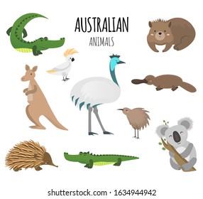 Australian Animals - vector set. Kangaroo, koala, kiwis, apteryx, echidna, wombat, emu, cockatoo, platypus, alligator

