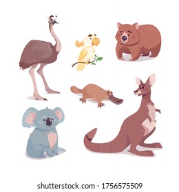 Juego de vectores de animales australianos. Canguro, koala, wombat, emu, cacatú, platypus, aislado en un fondo transparente. Personajes divertidos de caricatura. Endémico. Ilustración del zoológico. Animales y aves silvestres