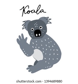 Australian bear Coala vector illustration clipart. Kids design poster. 
Wild mammal drawing in scandinavian style. Handwritten lettering. Exotic wildlife. 