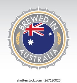 An Australian beer cap crest in vector format. The bottle cap features the Australian flag flanked by two golden wheat icons.