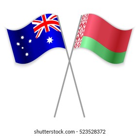 Australian and Belarusian crossed flags. Australia combined with Belarus isolated on white. Language learning, international business or travel concept.